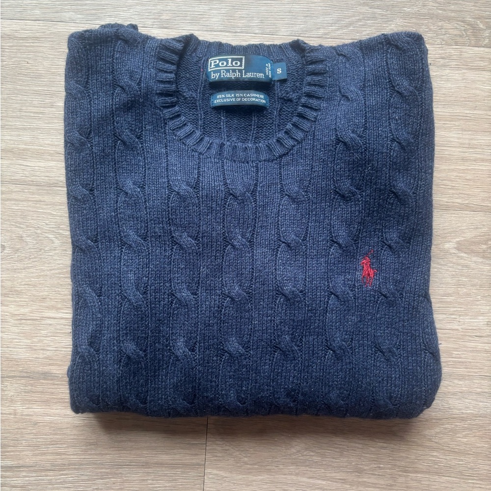 Ralph Lauren Silk & Cashmere Blend Men’s Small Navy Cable Knit Crewneck Sweater
